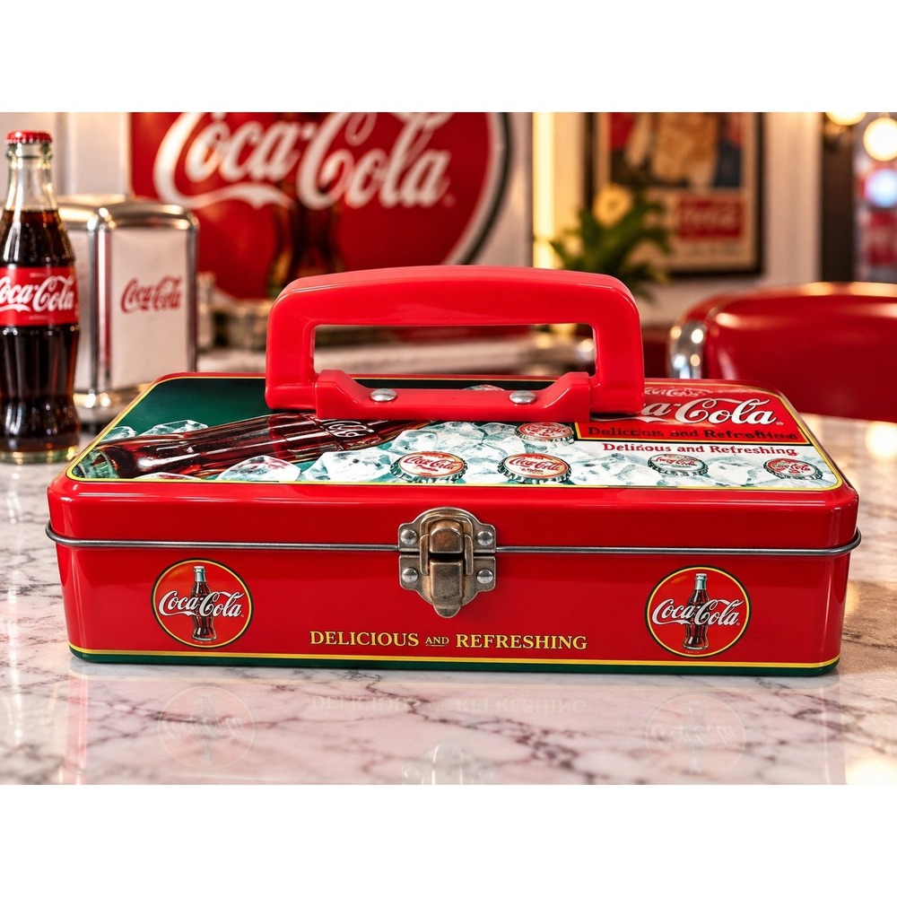 Coca-Cola Tin Box Company Metal Lunch Box Red Bottle Ice Graphic Collectible